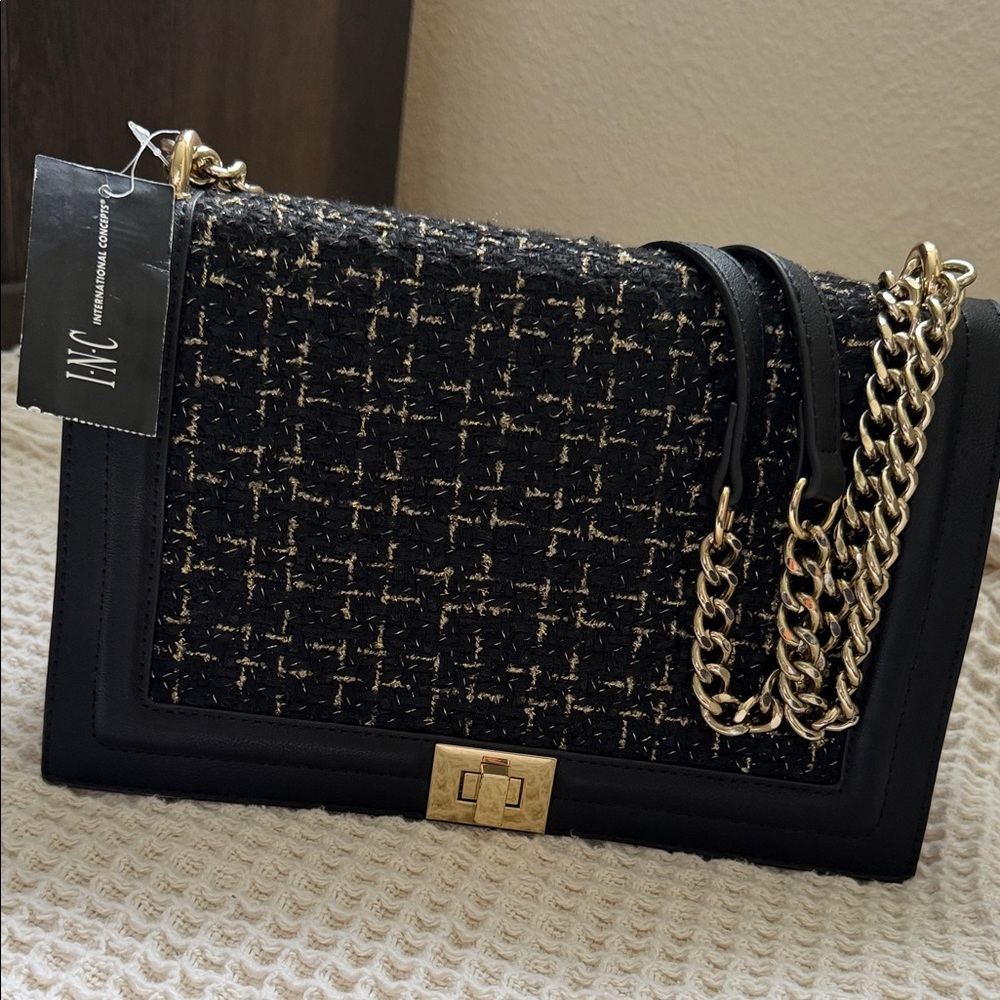 INC International Concepts Black and Gold Tweed Shoulder Bag